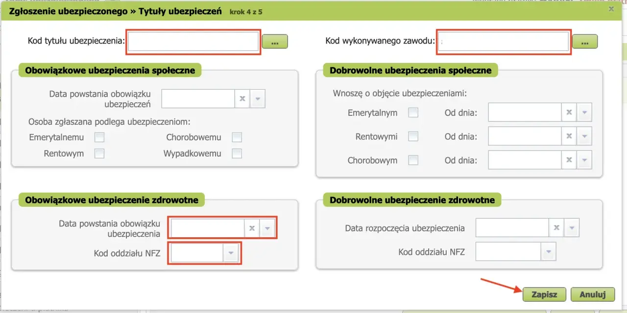 Formularz zgłoszenia ubezpieczonego. Wpisz kod tytułu ubezpieczenia i kod oddziału NFZ.