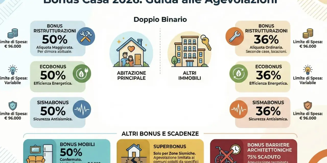 Guida alle agevolazioni fiscali per la casa: bonus ristrutturazione 2026 ultime notizie, ecobonus, sismabonus e bonus mobili con percentuali e limiti di spesa.