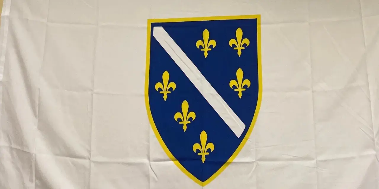 Flaga Bośni i Hercegowiny z niebieskim polem, żółtymi liliami i białym pasem.