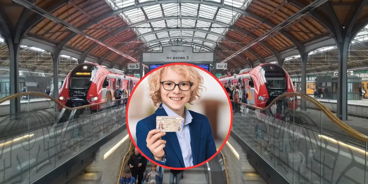 Chłopiec w okularach trzyma legitymację szkolną na tle dworca kolejowego z pociągami.