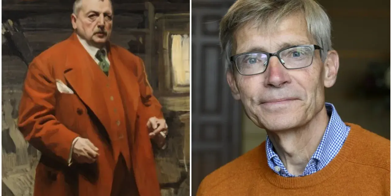 En målning av en man i orange kostym, bredvid ett porträtt av en man med glasögon. Kanske en anders zorn film?
