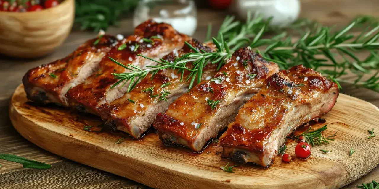 Costillas de cerdo al horno, glaseadas y con romero, servidas en tabla de madera.