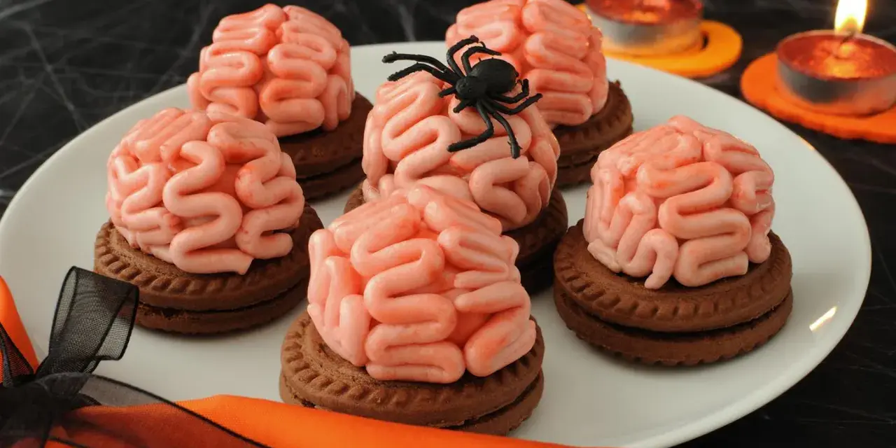 Gruselige Halloween-Nachspeise: Kekse mit Gehirn-förmiger rosa Glasur, dekoriert mit einer Spinne. Kerzen leuchten im Hintergrund.