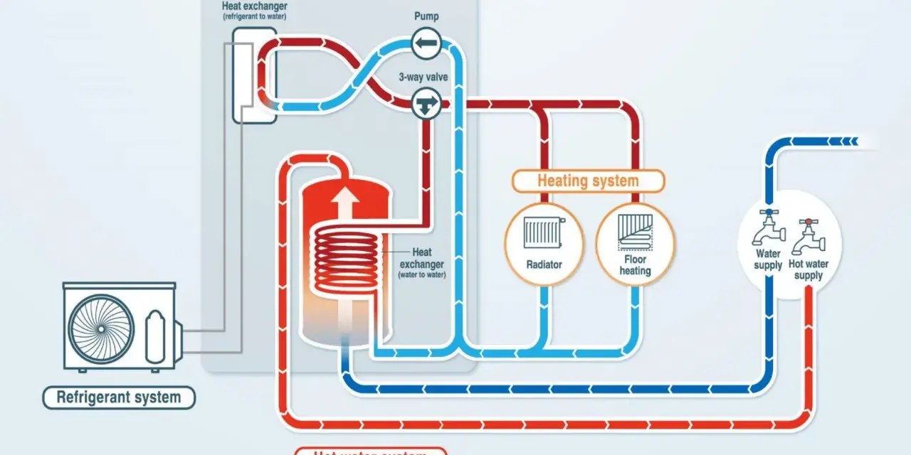 Schemat podłączenia pompy ciepła Panasonic: system chłodniczy, wymienniki ciepła, ogrzewanie (radiator, podłogowe) i ciepła woda.