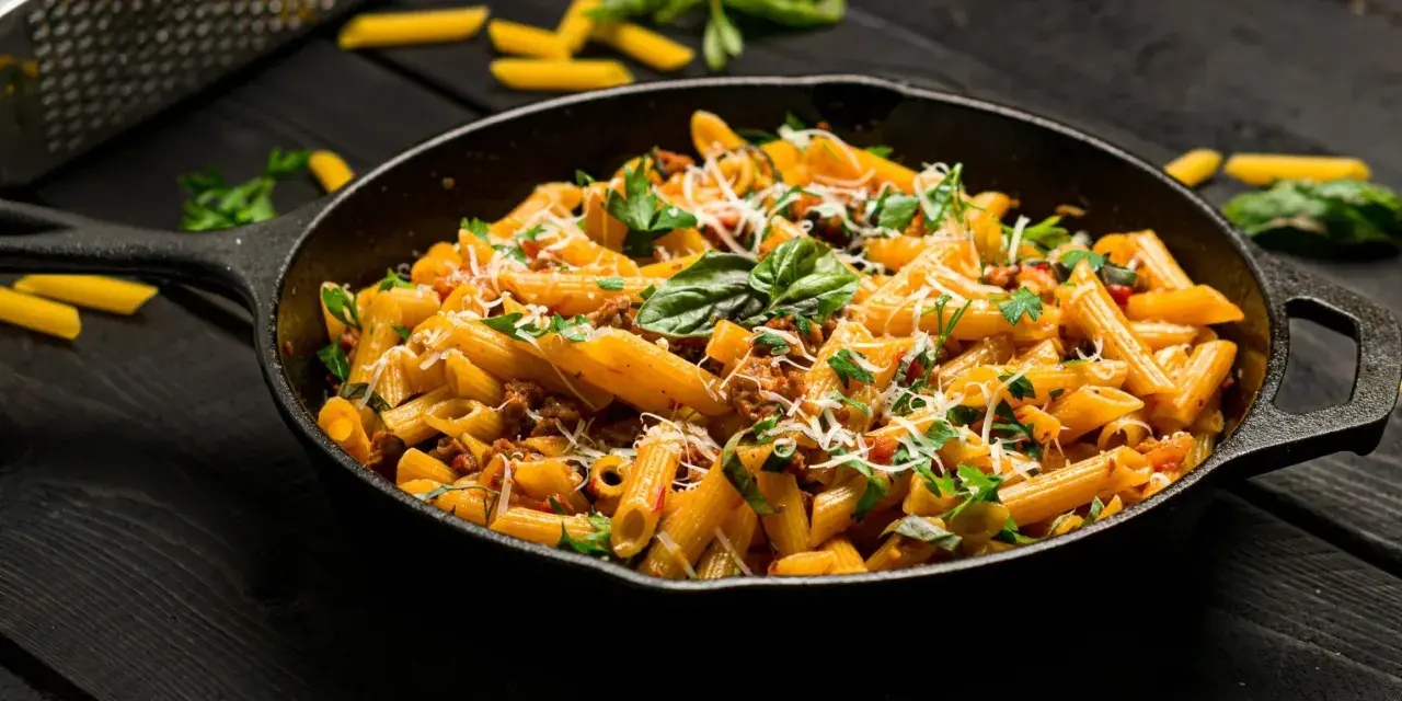 Makaron penne z mięsem mielonym i ziołami w żeliwnej patelni.