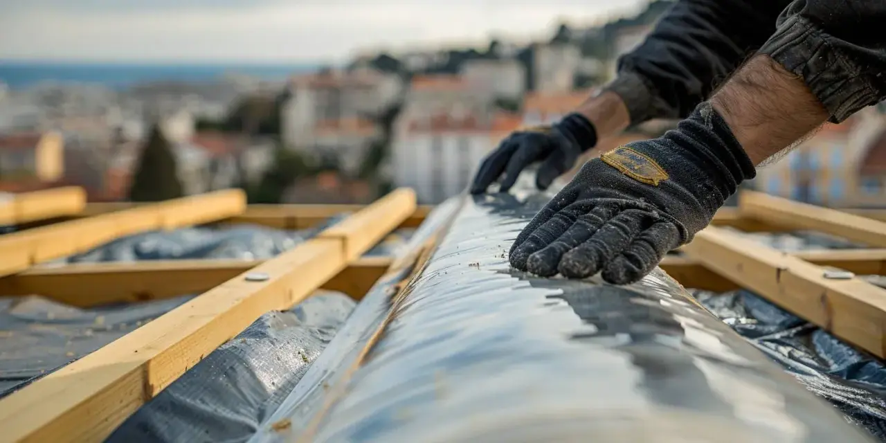 Mains gantées déroulant un pare-pluie sur une charpente en bois, avec une ville et la mer en arrière-plan.