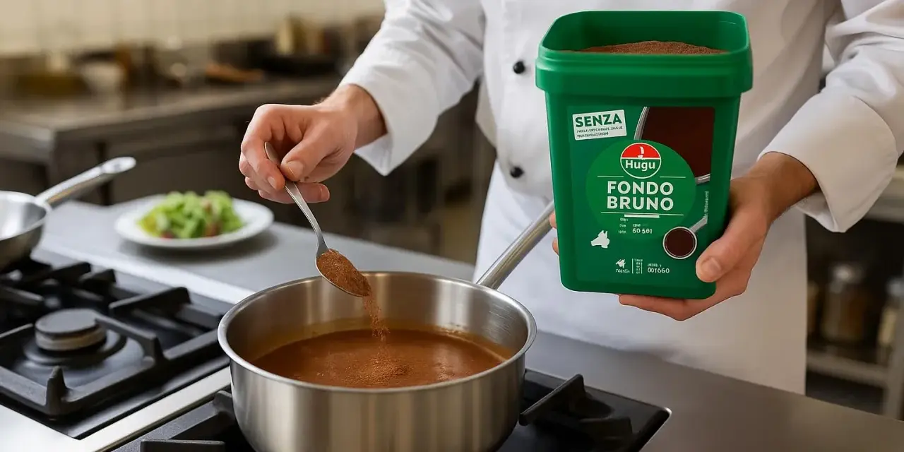 Chef aggiunge Fondo Bruno in polvere a una salsa in cottura. Il contenitore verde reca l'etichetta "Fondo Bruno".