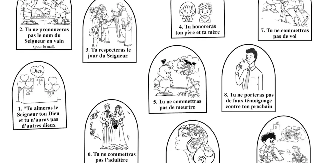 Ilustracja przedstawia 10 przykazań bożych oryginalne, z prostymi rysunkami ilustrującymi każde z nich.