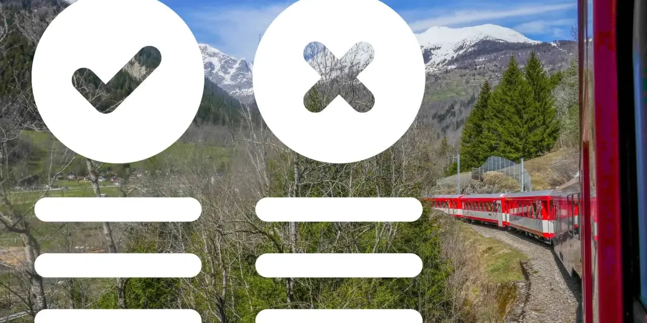 A red train winds through the Swiss Alps. A checkmark and an X overlay the scenic view, suggesting options for your Switzerland train pass.