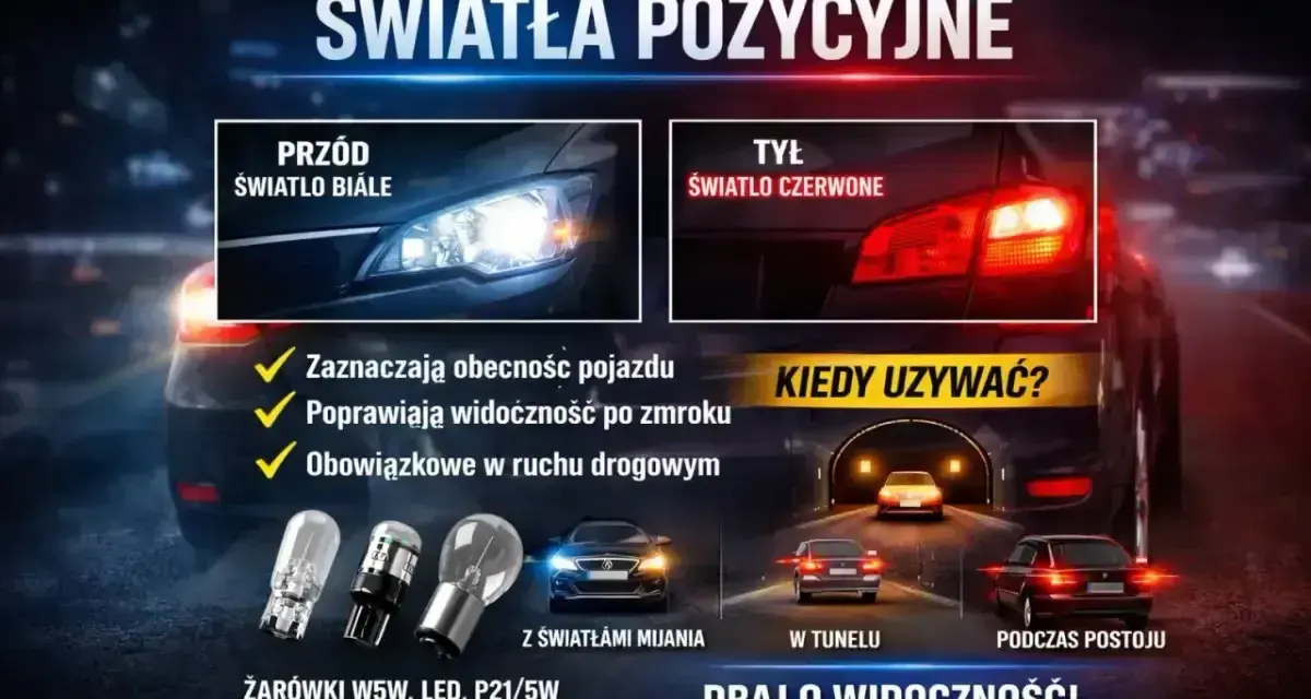Światła pozycyjne i postojowe: białe z przodu, czerwone z tyłu. Zwiększają widoczność i bezpieczeństwo na drodze.