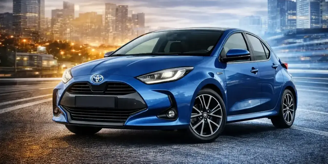 Niebieski Toyota Yaris na tle miasta nocą. Sprawdź aktualne toyota yaris - ceny i wybierz swój wymarzony samochód.