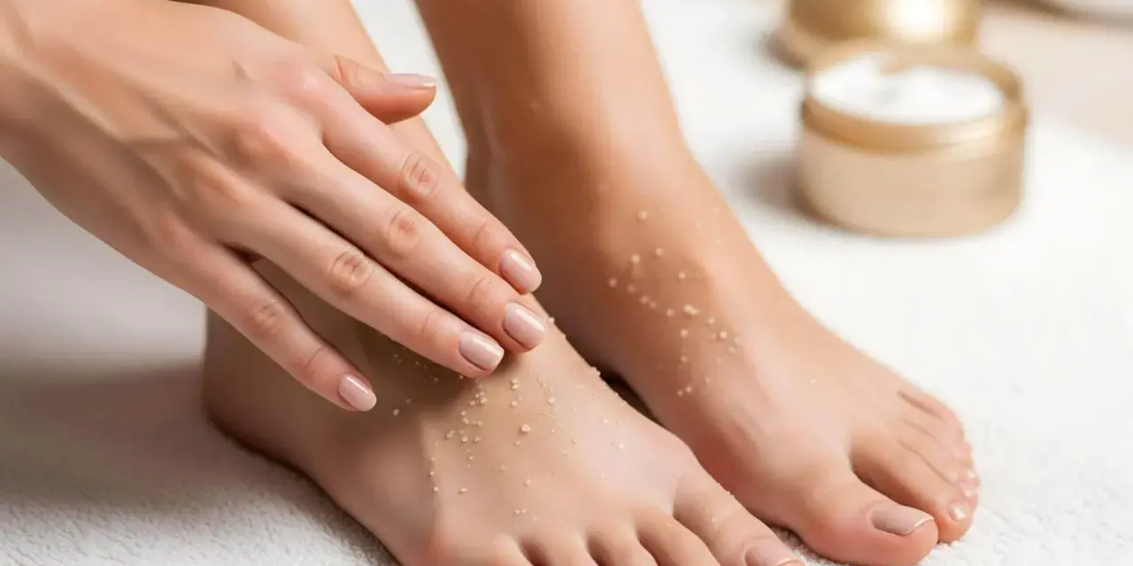 A woman's hands gently touch her feet, which are covered in exfoliating granules, hinting at a Johnson's foot soap recipe for soft skin.