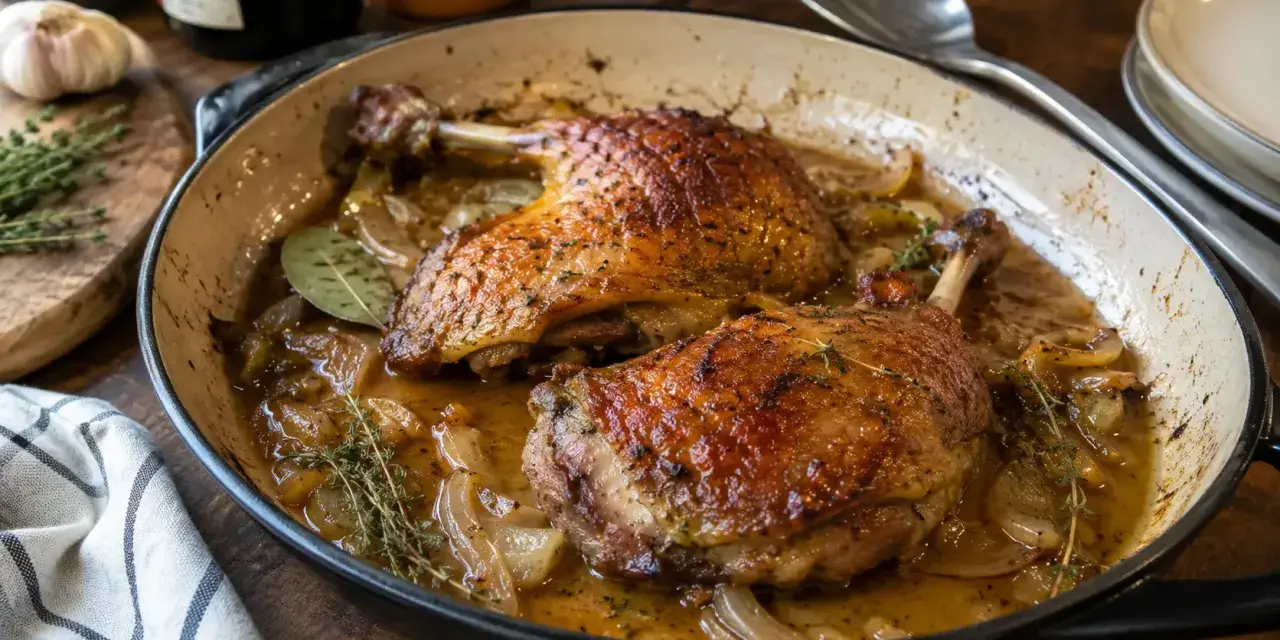 Deux cuisses de canard dorées mijotent dans une sauce savoureuse avec des oignons et des herbes. Un plat réconfortant prêt à être dégusté.
