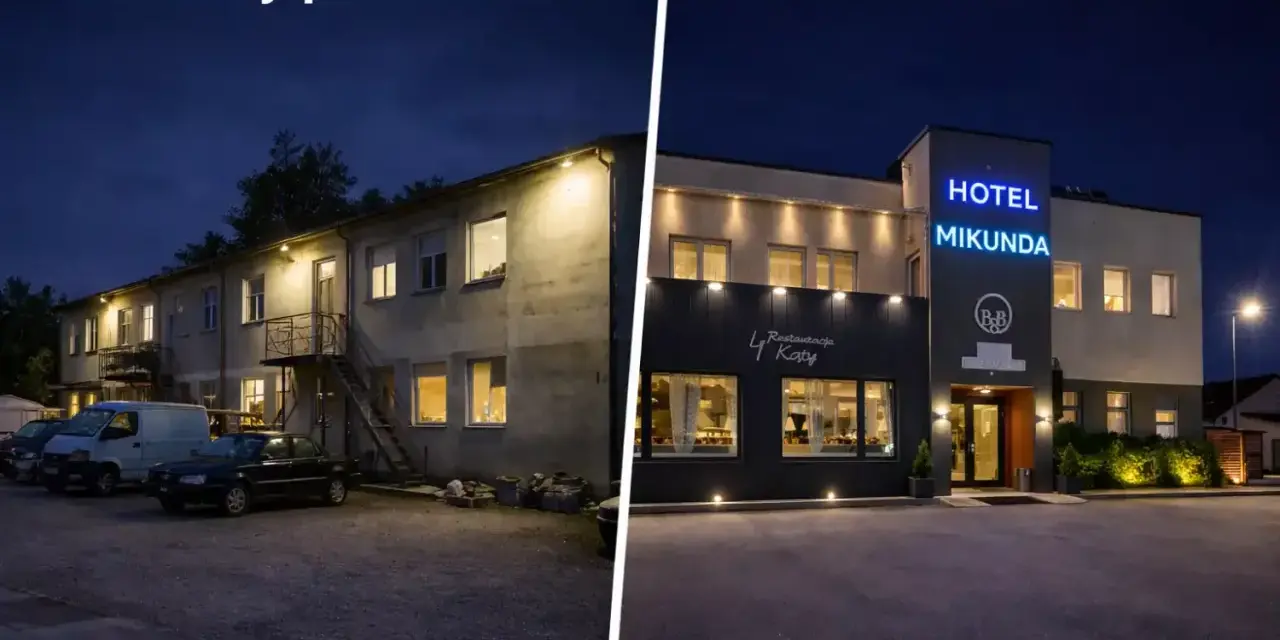 Dwa budynki nocą: kwatery pracownicze i hotel Mikunda.