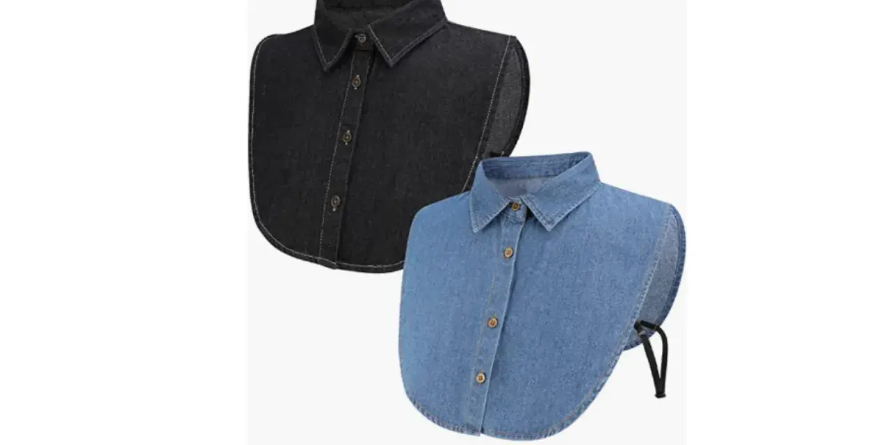 Due colletti staccabili in denim, uno nero e uno azzurro, perfetti per aggiungere un tocco casual ai tuoi outfit. Diversi tipi di colletto camicia donna.