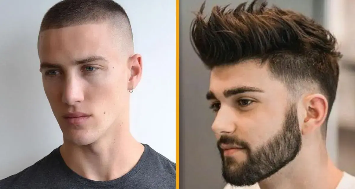 Dos hombres con peinados pelo corto: uno con corte buzz y el otro con un estilo moderno con degradado y tupé.