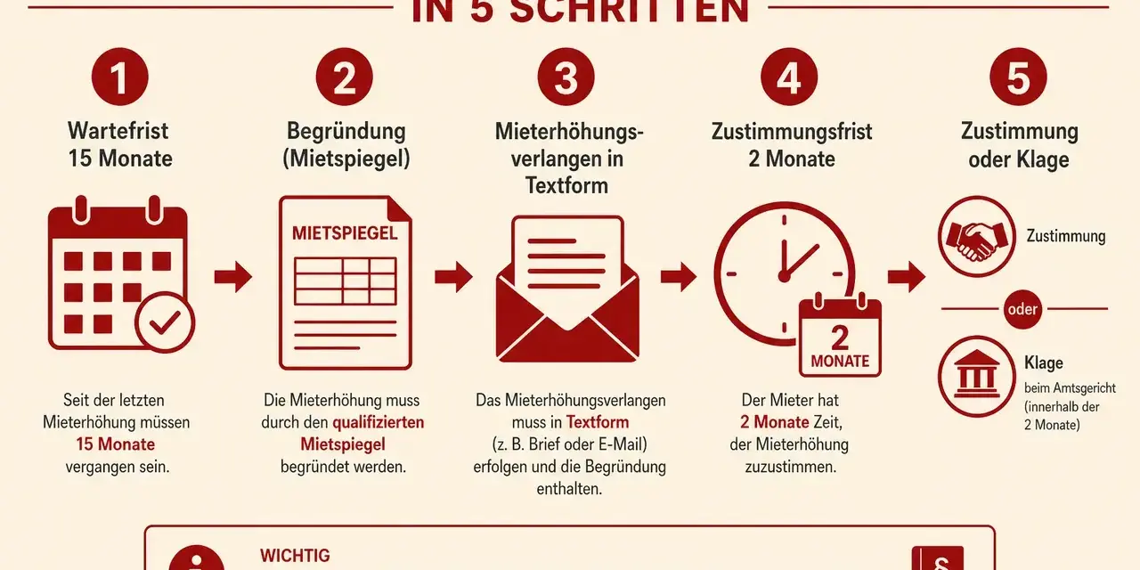 Schritte zur Mieterhöhung: 15 Monate warten, Mietspiegel vorlegen, Antrag in Textform, 2 Monate Zustimmungsfrist, Zustimmung oder Klage. Die Kappungsgrenze Frankfurt wird hier nicht direkt genannt, aber das Verfahren ist relevant.
