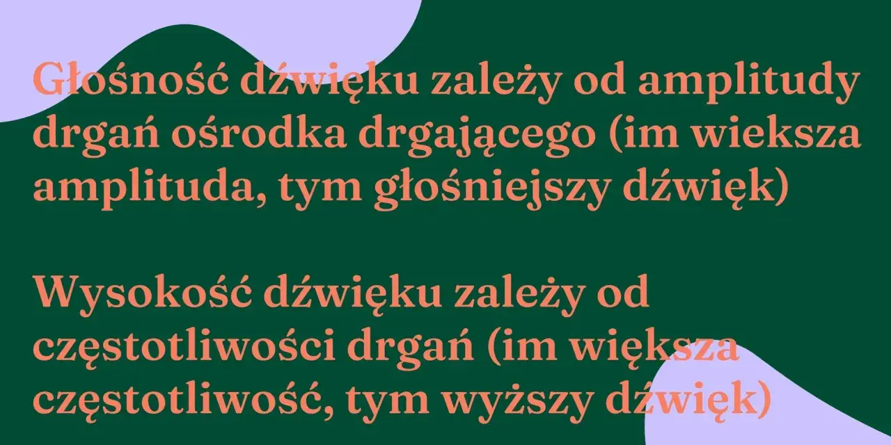 Wysokość dźwięku zależy od częstotliwości drgań. Im większa częstotliwość, tym wyższy dźwięk. Głośność zależy od amplitudy drgań.