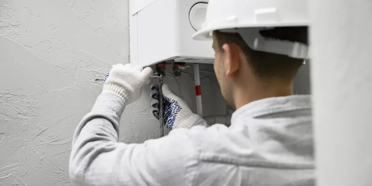 Tecnico con casco bianco lavora su una caldaia. Speriamo che la caldaia non faccia rumore di notte dopo l'intervento.