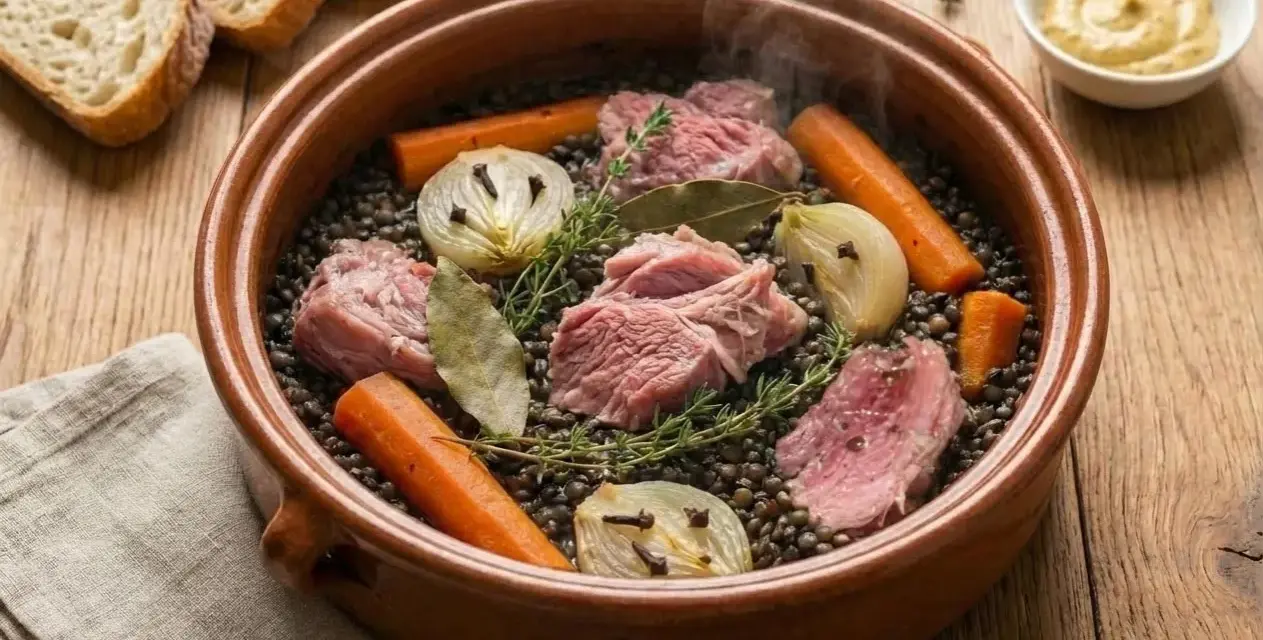 Palette demi-sel mijotant avec des lentilles, carottes, oignons cloués et herbes. Le temps de cuisson à l'eau est presque terminé.