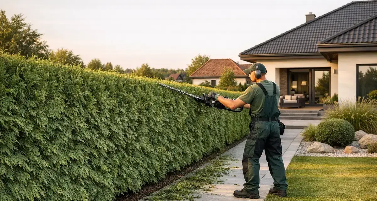 Ogrodnik przycina żywopłot z tui, dbając o estetykę ogrodu. Idealny czas, kiedy przycinać tuje, to wiosna lub wczesne lato.