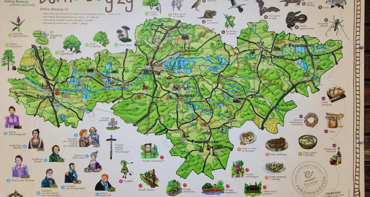 Mapa Doliny Baryczy pokazuje, gdzie jechać, by podziwiać przyrodę, zabytki i lokalne specjały.