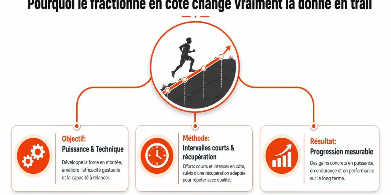 Un coureur grimpe une côte en utilisant un entraînement fractionné. Objectif : puissance, méthode : intervalles courts, résultat : progression mesurable.
