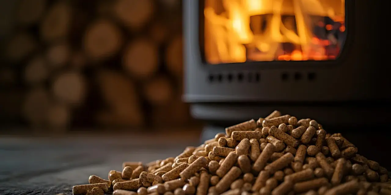 Montón de pellets de madera listos para insertar en la estufa, con leña apilada y fuego crepitante al fondo.