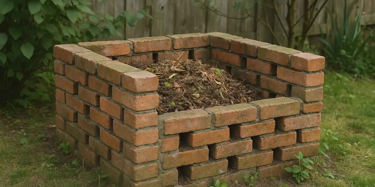 Solidny kompostownik murowany, wypełniony resztkami organicznymi, stoi na trawniku wśród zieleni.