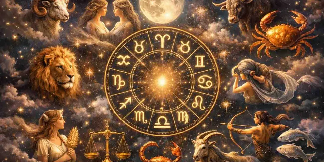 Zodiakalny krąg z symbolami i postaciami: Baran, Bliźnięta, Lew, Panna, Waga, Skorpion, Koziorożec, Ryby.