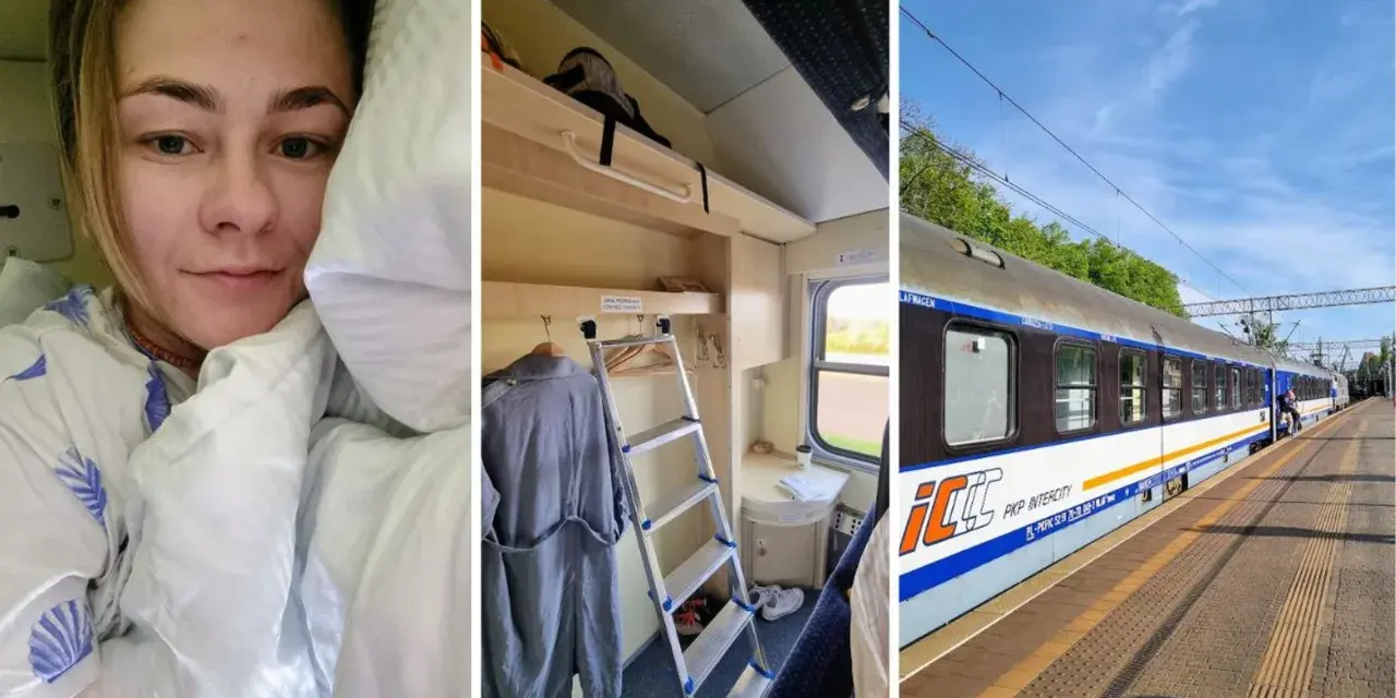 Podróż pociągiem TLK Karpaty. Wnętrze wagonu z miejscem do spania i widok na tory.