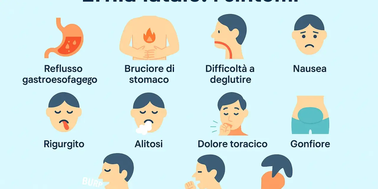 Sintomi dell'ernia iatale: reflusso, bruciore di stomaco, nausea, rigurgito, alitosi, eruttazioni, tosse secca, dolore toracico, gonfiore, difficoltà a deglutire e palpitazioni.