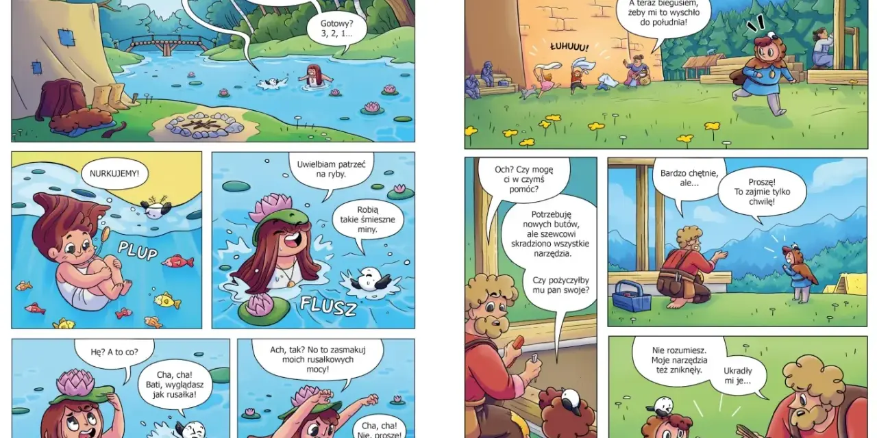 Dzieci bawią się w wodzie i na budowie. Historia o tym, o czym można zrobić komiks, pełna przygód i pomocy.