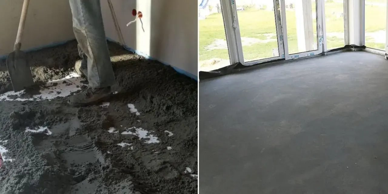 Praca nad wylewką: z jednej strony widać półsuchy beton na wylewkę, z drugiej gotową, gładką posadzkę.