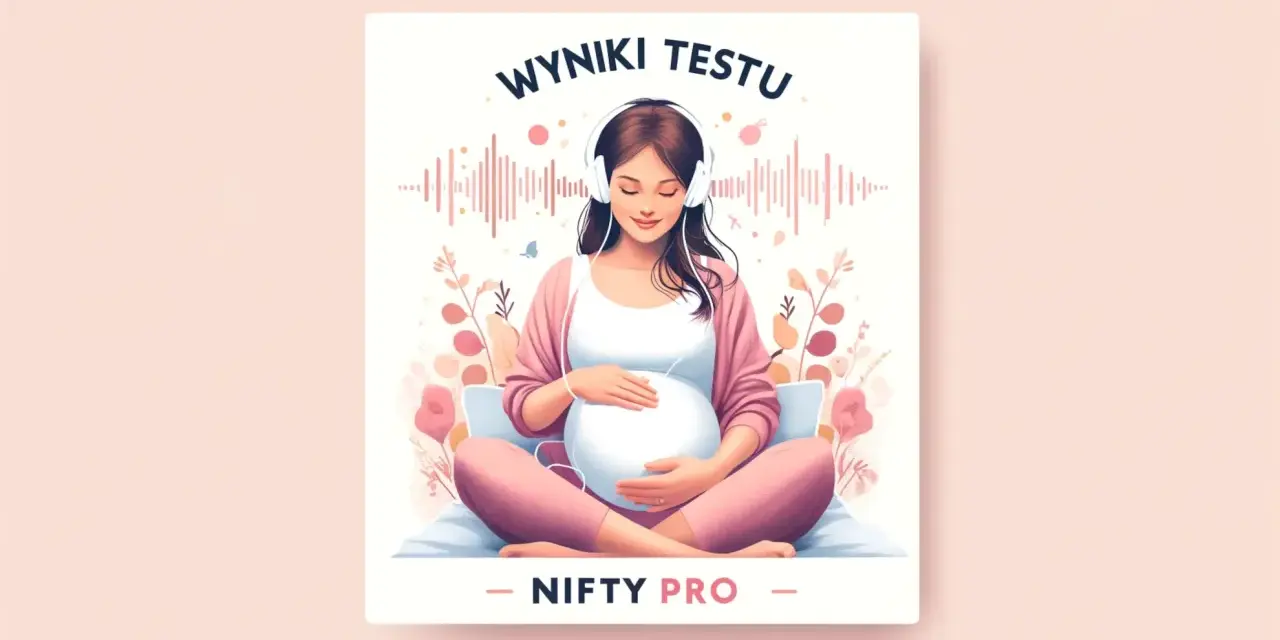 Nifty Pro: ciężarna kobieta w słuchawkach słucha wyników testu, otoczona kwiatami i falami dźwiękowymi.