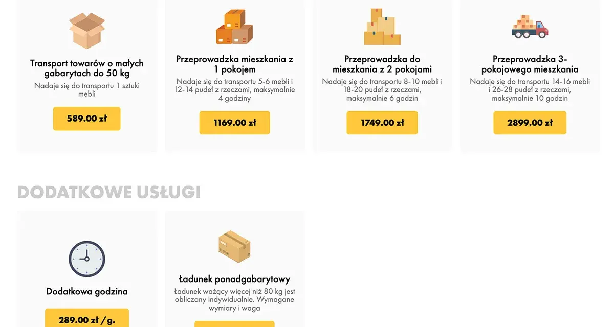 Oferta dla przewoźników: przeprowadzki mieszkań 1-3 pokojowych, transport towarów, dodatkowa godzina i ładunki ponadgabarytowe.