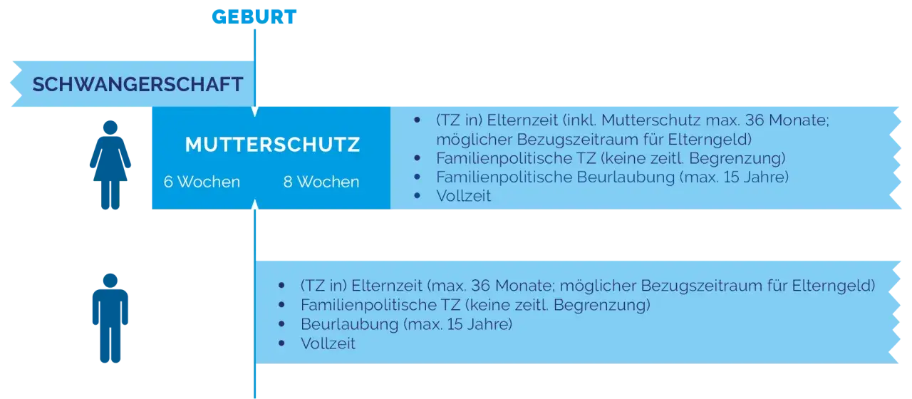 Schema zeigt, wie man Elternzeit beantragen kann. Mutter- und Vaterschutz, Elternzeit bis 36 Monate.