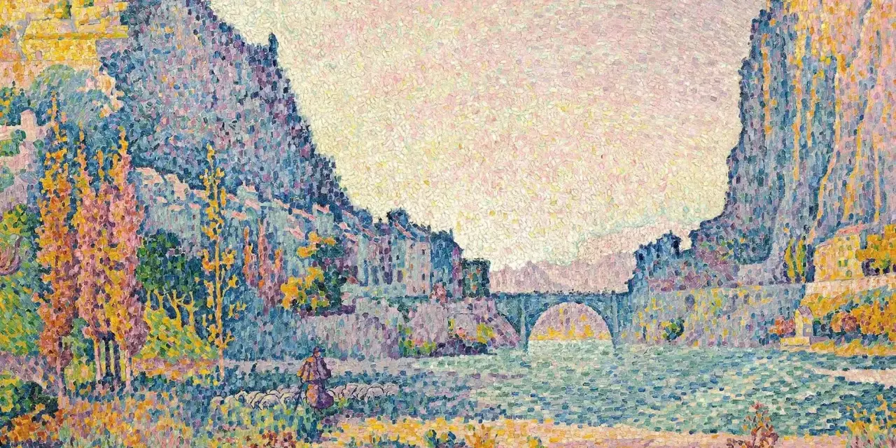 Paysage fluvial avec un berger et son troupeau, œuvre d'un peintre pointilliste. Les montagnes bleues et les maisons colorées se reflètent dans l'eau.