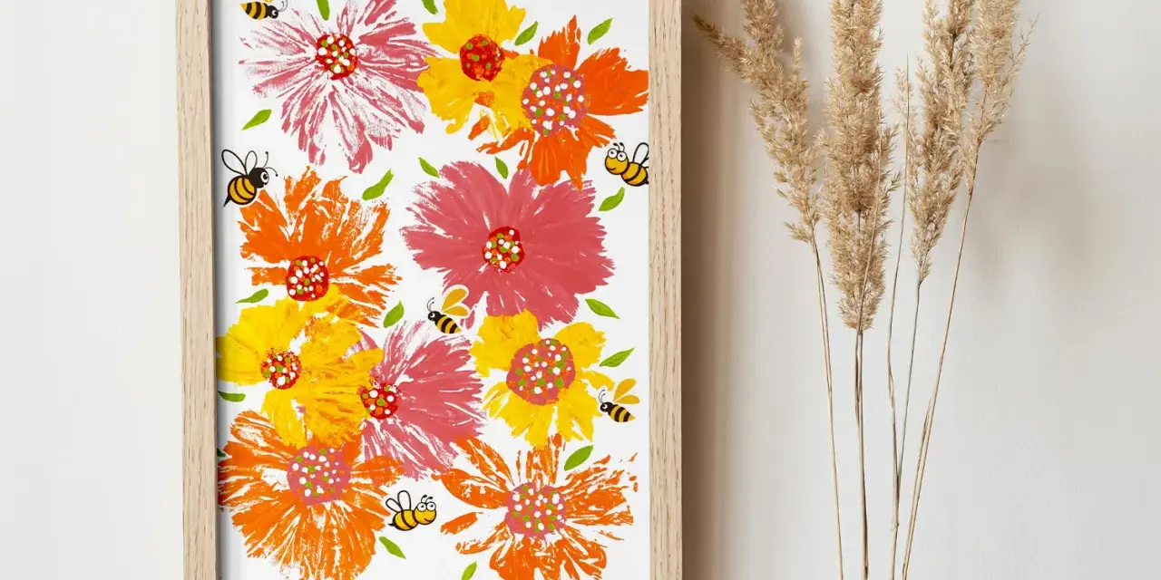 Peinture acrylique fleurs facile avec des abeilles joyeuses butinant. Couleurs vives et style enfantin.