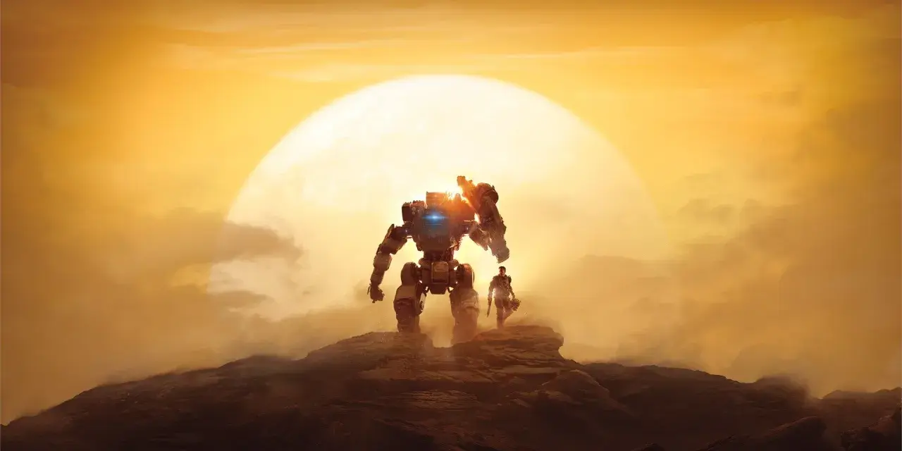 Pilot i jego Tytan na skalistym pustkowiu pod wielkim, żółtym słońcem. Zapowiedź Titanfall 3.