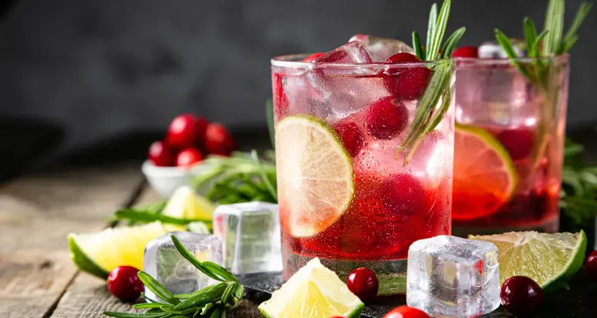 Dwa drinki z żurawiną, limonką i rozmarynem na drewnianym stole.