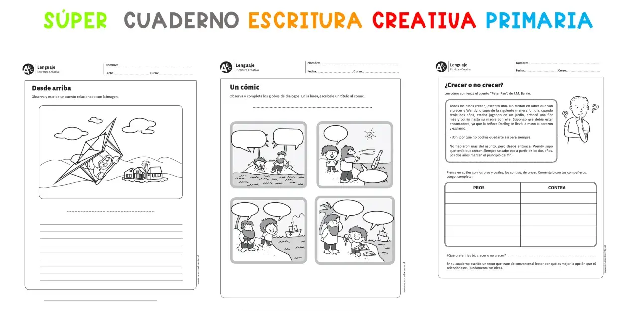 Ficha de escritura con actividades: un niño en parapente, un cómic para completar diálogos y un texto sobre crecer.