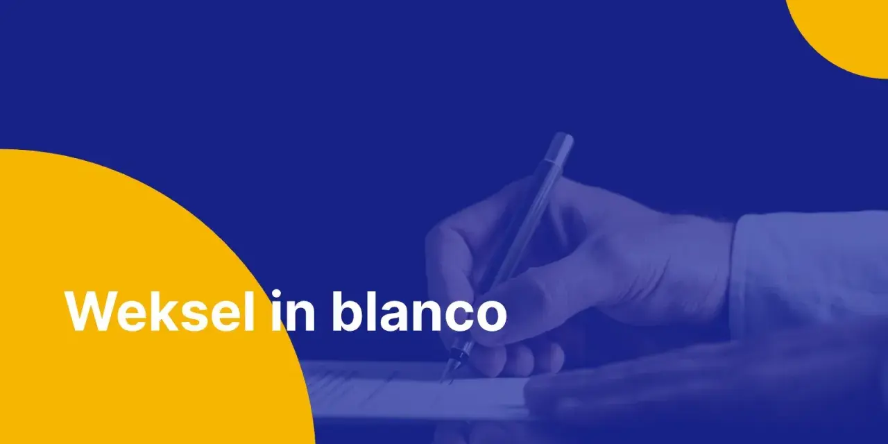 Dłoń podpisuje dokument, tekst "Weksel in blanco" sugeruje ważną transakcję finansową.