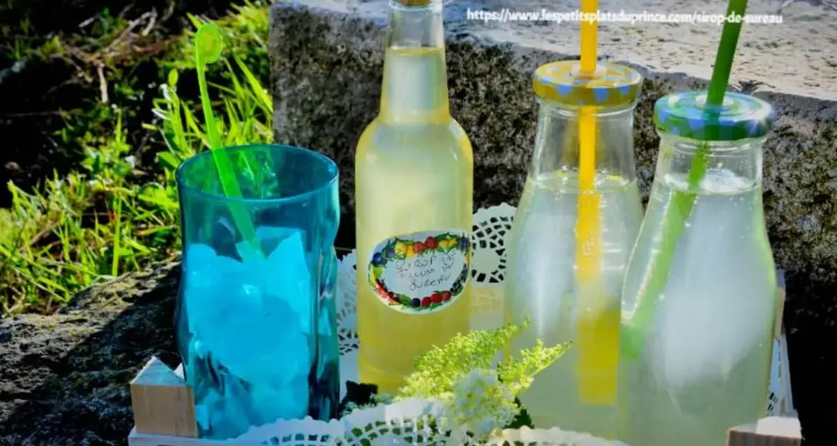 Bouteille de sirop de sureau et deux boissons rafraîchissantes avec des pailles, sur un plateau en bois, en extérieur.