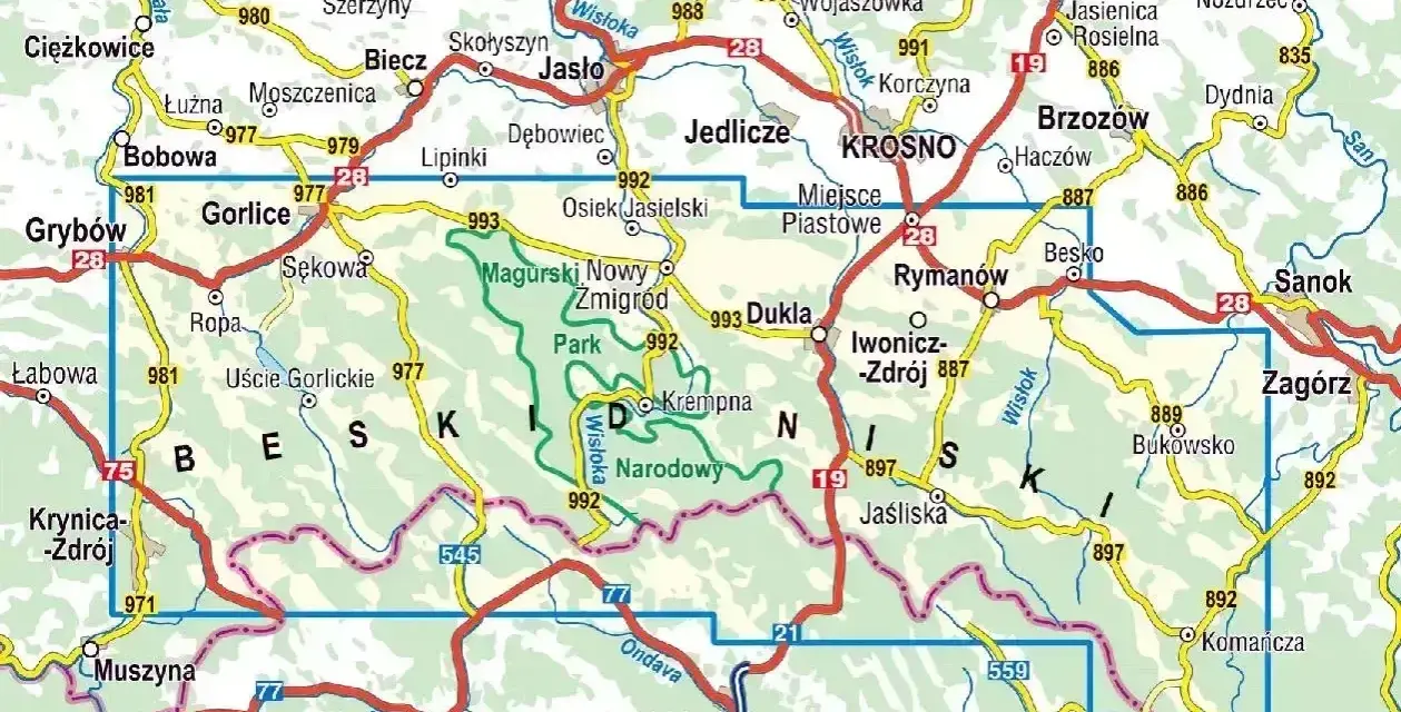 Mapa turystyczna Beskidu Niskiego z zaznaczonym Magurskim Parkiem Narodowym. Atrakcje regionu: Gorlice, Krosno, Sanok, Krynica-Zdrój.