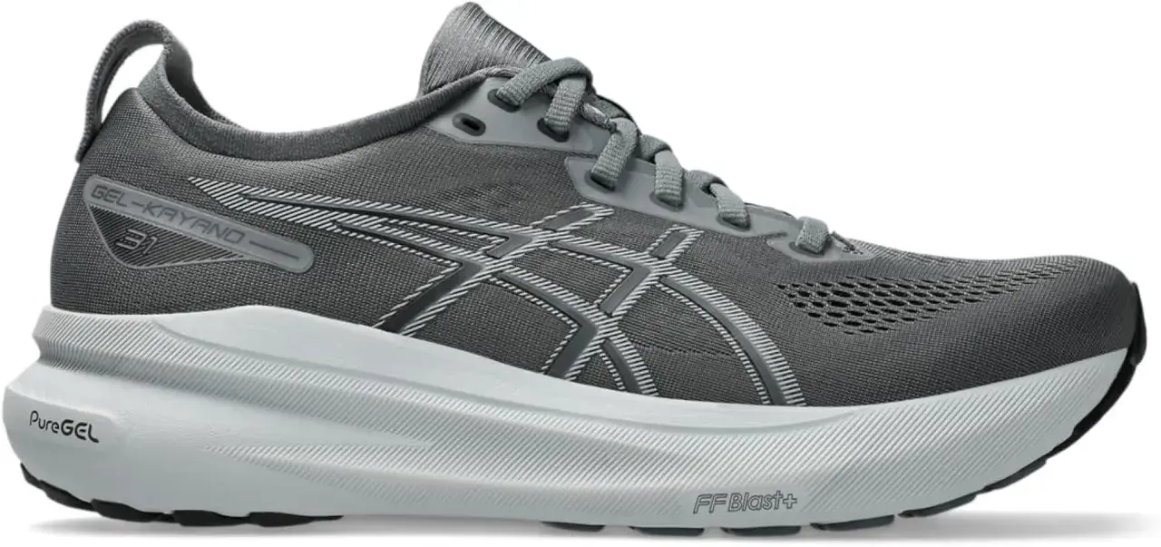 Grå löparsko, Asics Gel-Kayano 31, med vit mellansula och svarta detaljer. Perfekt för din nästa löprunda.