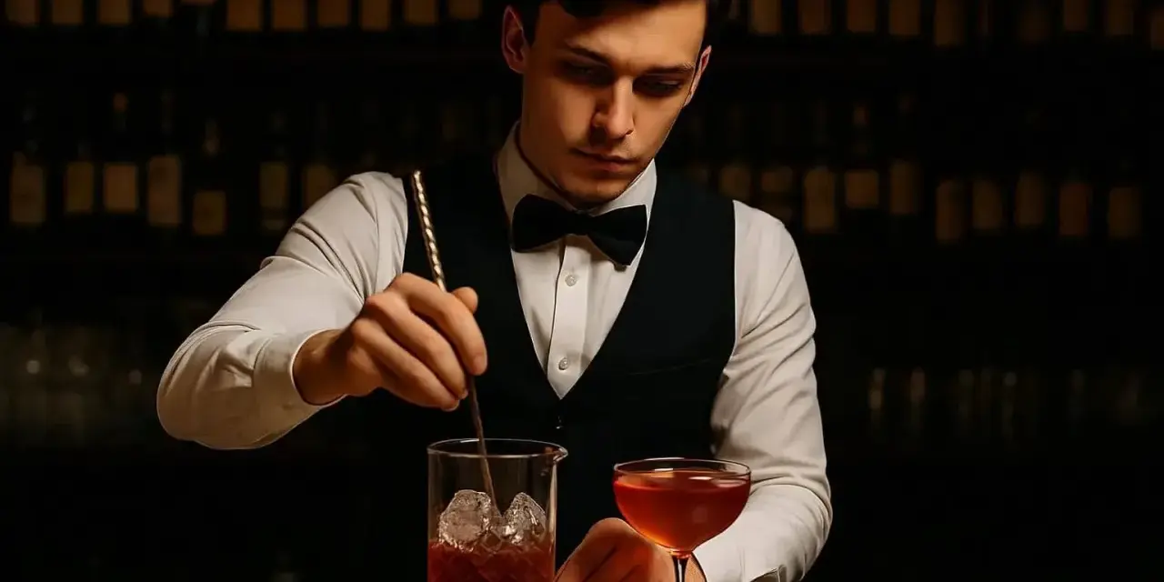 Barman w eleganckim stroju miesza drinka z lodem w szklanicy, obok stoi gotowy koktajl.