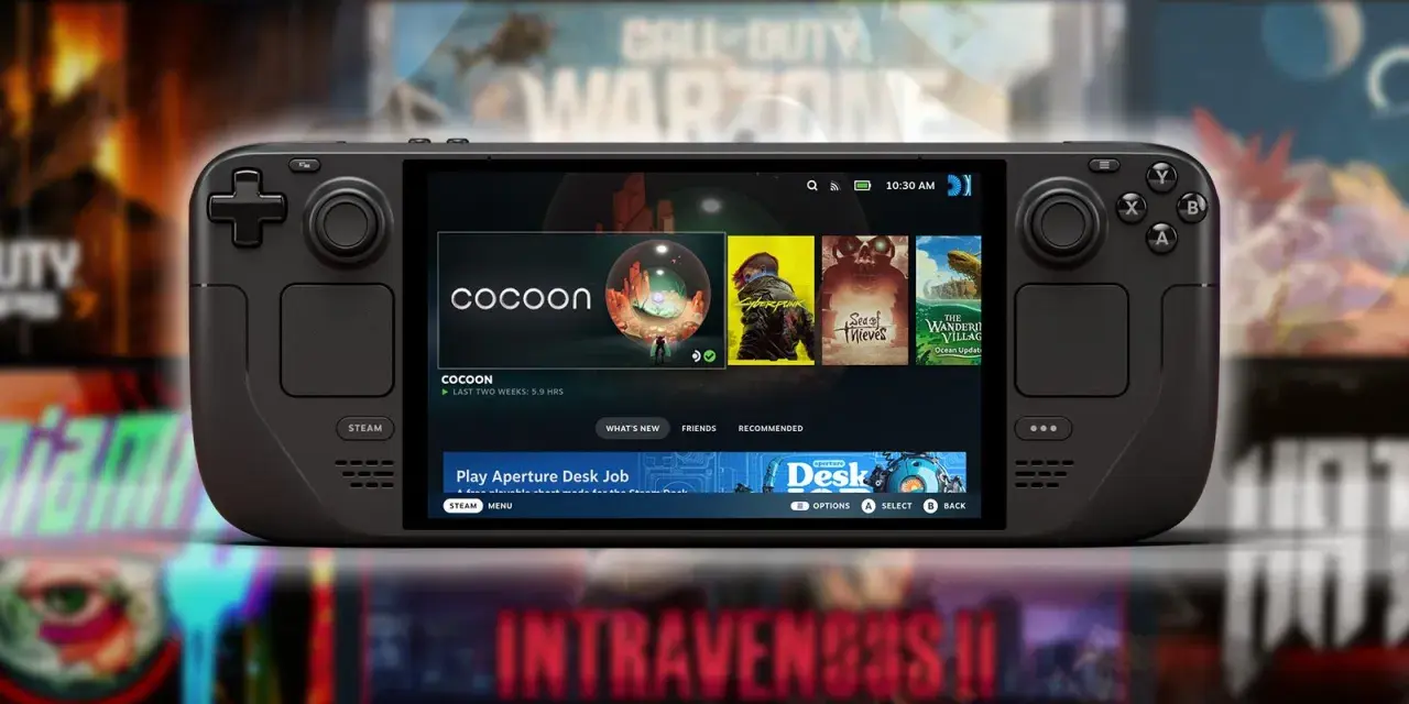 La consola portátil Steam Deck 2 muestra la interfaz de juegos, con "Cocoon" destacado.