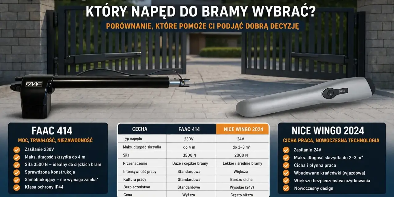 Porównanie napędów do bramy przesuwnej: FAAC 414 vs Nice Wingo 2024. Który wybrać? Ranking i cechy.