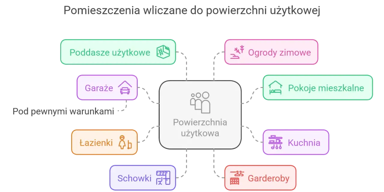 Diagram wyjaśnia, czy garaż wlicza się do powierzchni użytkowej, pokazując inne pomieszczenia jak kuchnia, łazienki, pokoje mieszkalne.